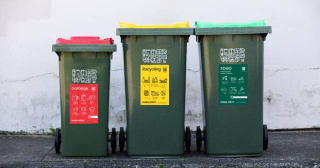 three wheelie bins, one with red lid, one yellow lid and one green lid