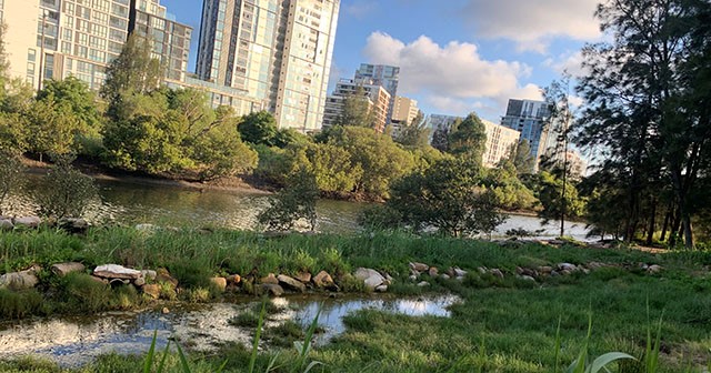 Urban river with apartments behind
