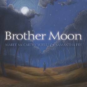 Book cover art with a blue sky, trees and moon