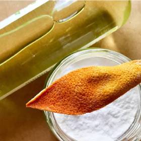 Orange skin, bicarb of soda, vinegar in a bottle