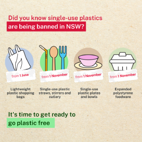 Graphic of plastic bags, cutlery and food containers announcing the NSW single-use plastics ban