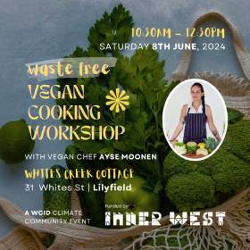 tile with woman wearing apron and text info about event