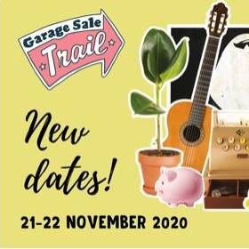 Illustration of a guitar, pot plant and piggy bank and words Garage Sale Trail