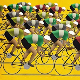 Graphic design of many people riding bikes with a bright yellow background