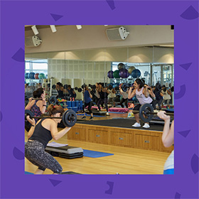 Photo of a pump class with purple border and light purple shapes