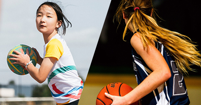 Inner West girls CAN - girl holding netball and girl holding basketball