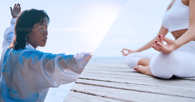 Woman holding tai chi pose and another woman sitting in a cross legged yoga pose on wooden boardwalk