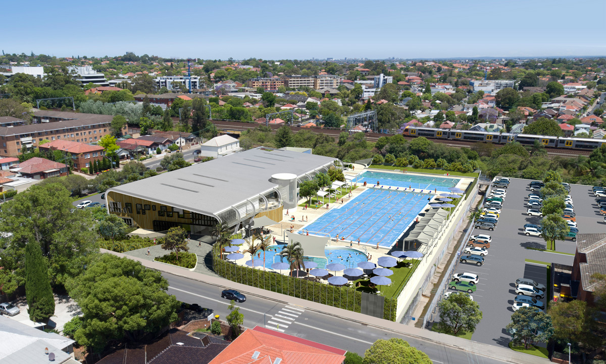 Artist's impression of an aerial view of the completed Ashfield Aquatic Centre