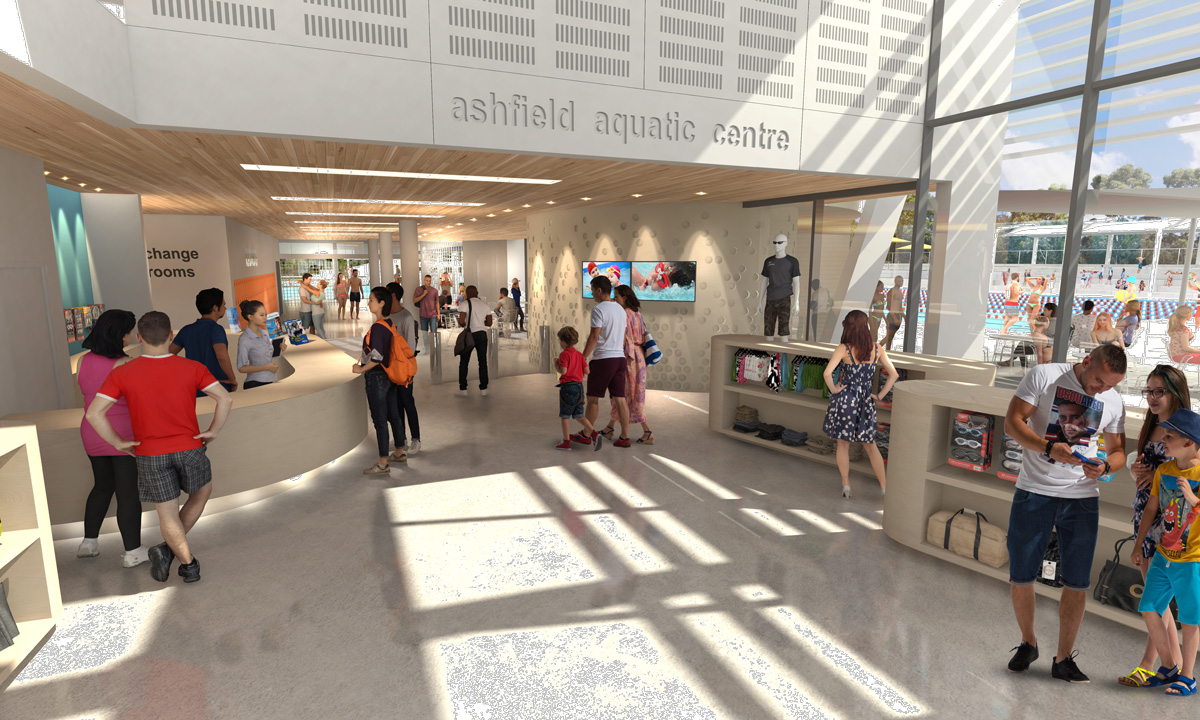 Artist's impression of the entry and foyer of the completed Ashfield Aquatic Centre