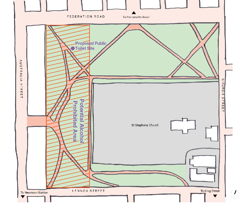 Camperdown Memorial Rest Park - Proposed toilet location at corner of Federation Road and Australia Street