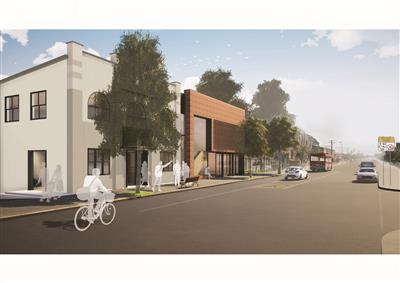 Artist impression of new Haberfield Centre and Library. White coloured building next to red brick faced building