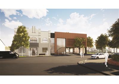 Artist impression of new Haberfield Centre and Library. White coloured building next to red brick faced building