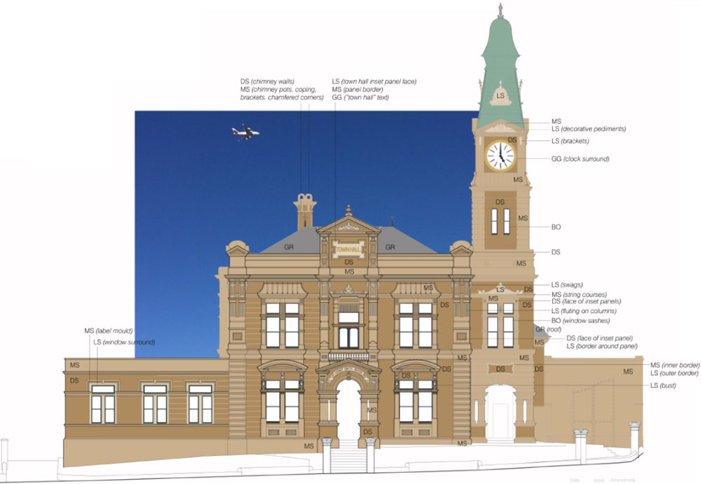 Diagram of Leichhardt Town Hall showing proposed stone-like brown paint scheme