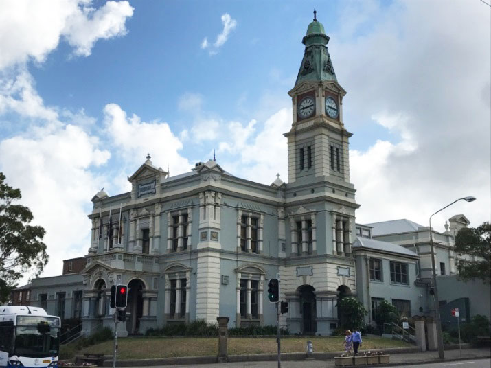 Leichhardt Town Hall in its pre-June 2018, pale-blue colour scheme