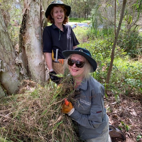 Two smiling people in sunglasses and hats doing outdoor bush gardening