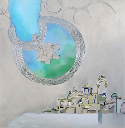 painted image of the blue and green circle and a quant cityscape with a yellow brass lamppost in the foreground.