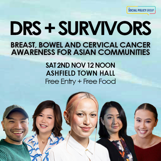 photo of diverse asian people against a light blue background. Text about them reads Dr and Survivors. Breat Bowel and Cervical Cancer awareness for Asian Communities.