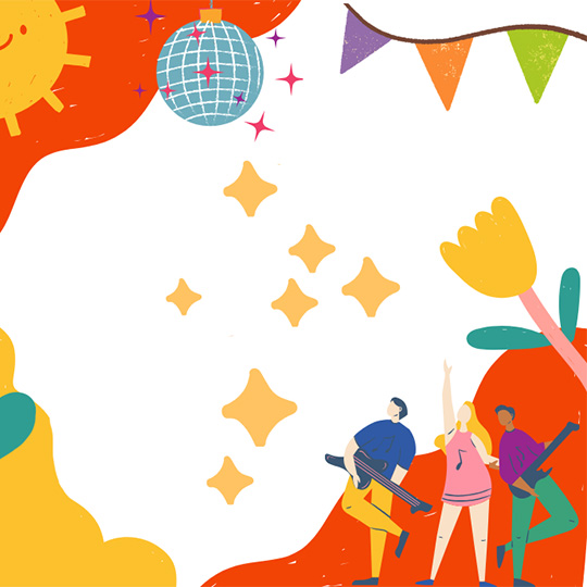 Fun colourful cartoon graphics of musicians sparkles sun and a disco ball