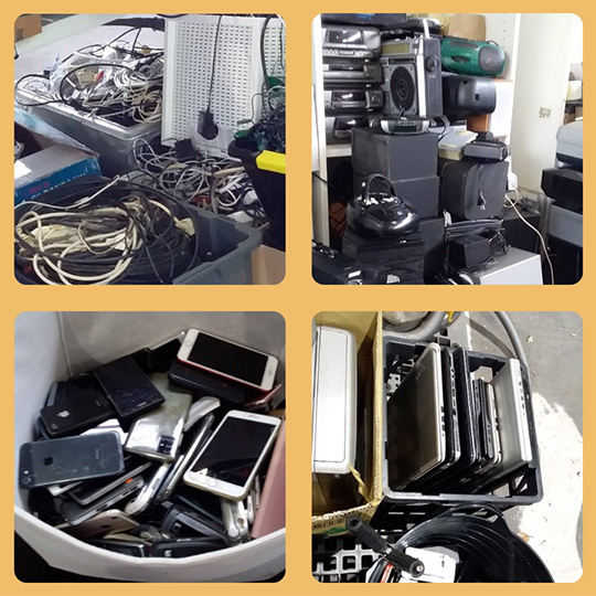 composite image arranged in four square frames showing electronic components in white plastic trays