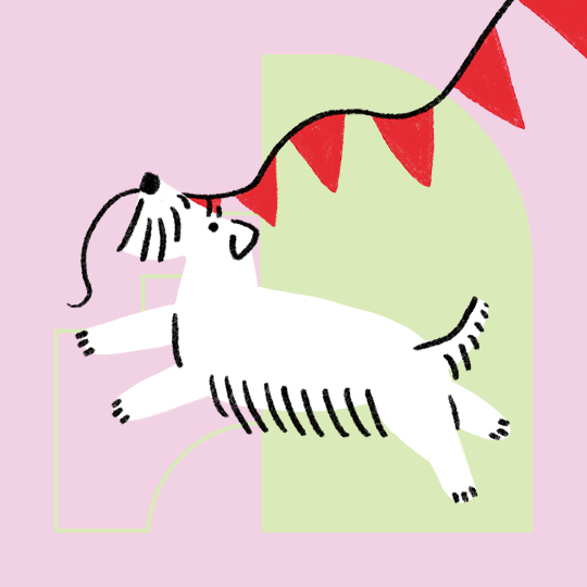 Cartoon image of a white dog wiht bunting in its moth against a pink background