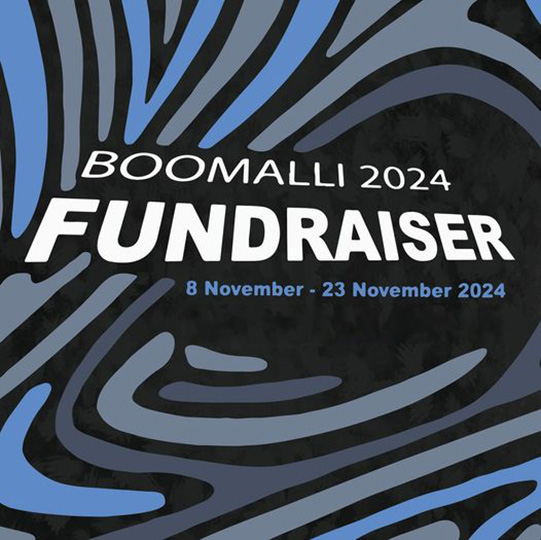 text against an abstract blue and black background reads: Boomalli 2024 Fundraiser.