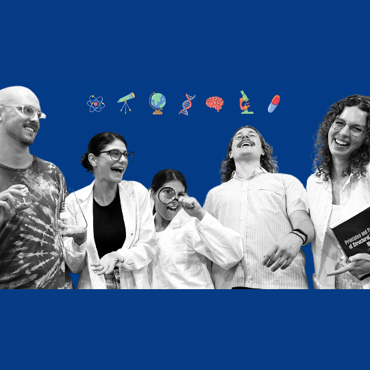 black and white photo of people smiling and laughing wearing white lab coats against a dark blue background. Colourful science related icons float above them.
