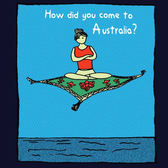 cartoon of a female on a rug, titled How Did You Come to Australia