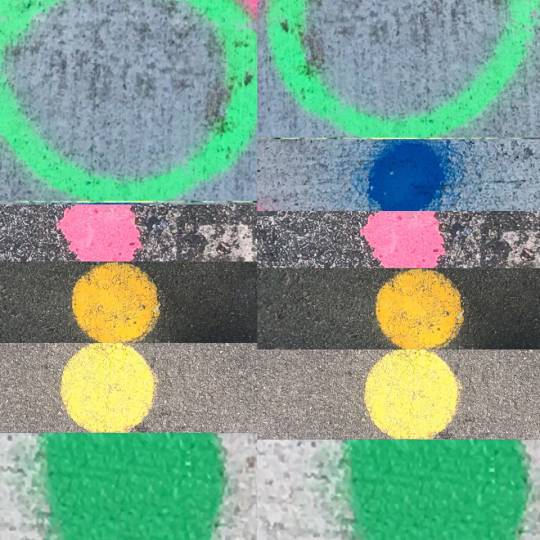 an artwork of green rectangles and pink circles