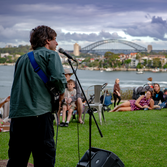 Musiscan playing outdoors on a grassy hill to a crowd and Sydney harbour in the background