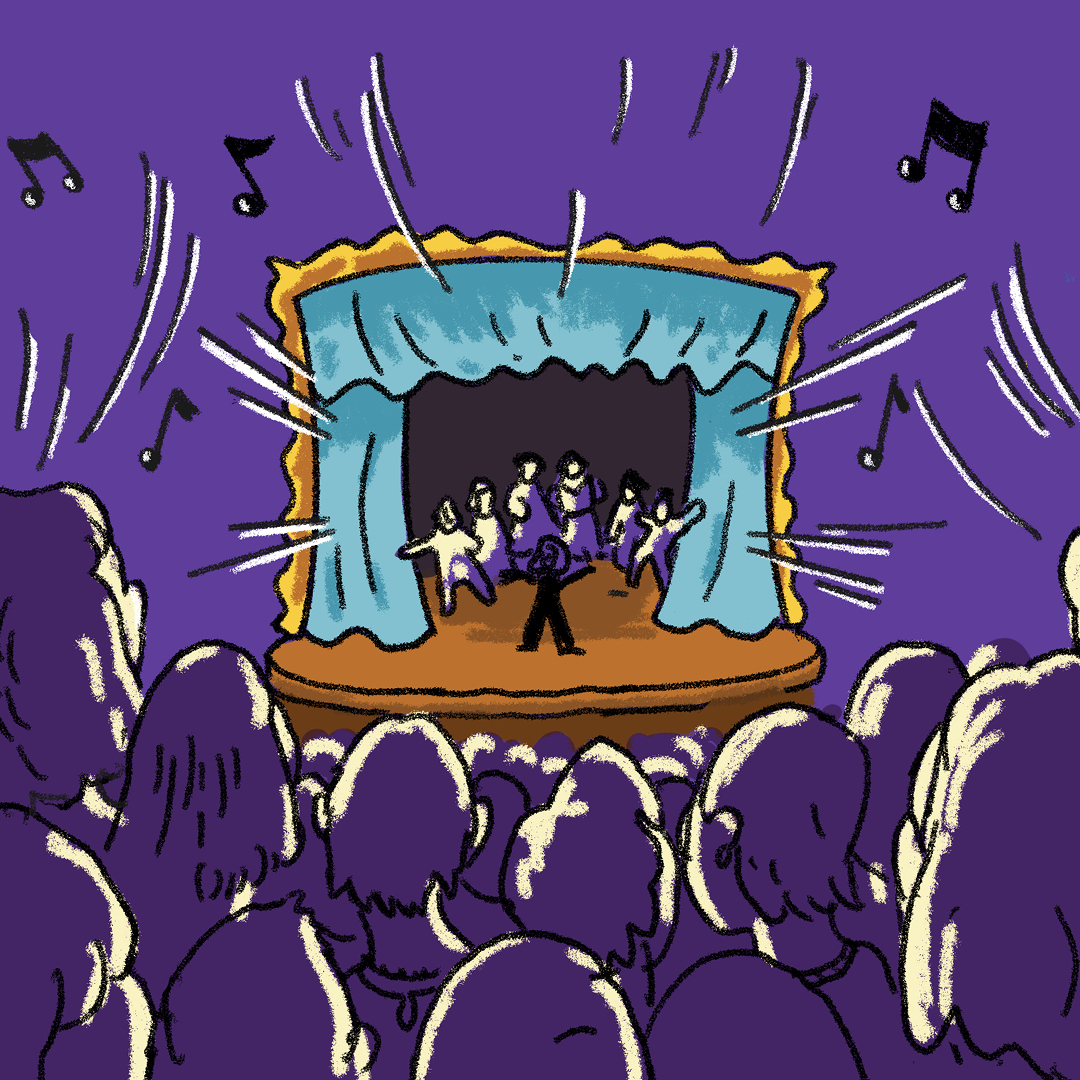 Joyful illustration of a choir on stage performing for an audience in a hall.'