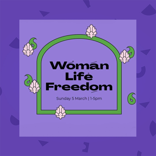 Illustration of a green arch against a purple background. Text reads Woman Life Freedom.