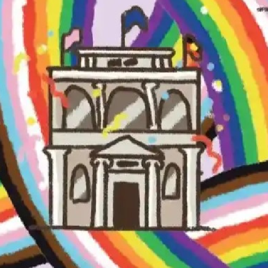 Cartoon drawing of the Inner West Pride Centre surrounded by rainbows