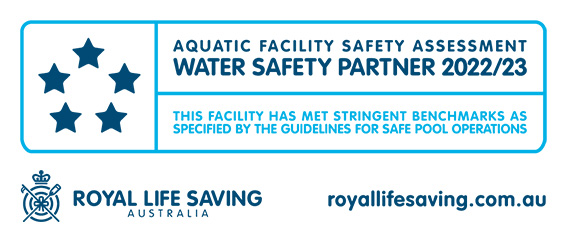Logo from Royal Life Saving Australia showing five stars that reads Aquatic Facility Safety Assessment  Water Safety Partner 2022/23 this facility has met stringent benchmarks as specified by the guidelines for safe pool operations