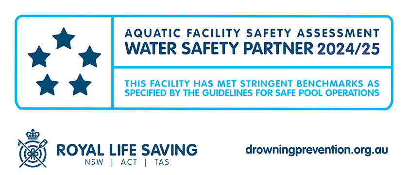 A five-star safety accreditation that includes the following text: Aquatic facility safety assessment water safety partner 2024-25. This facility has met stringent benchmarks as specified by the guidelines for safe pool operations.