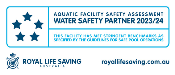 Logo from Royal Life Saving Australia showing five stars that reads Aquatic Facility Safety Assessment  Water Safety Partner 2022/23 this facility has met stringent benchmarks as specified by the guidelines for safe pool operations 