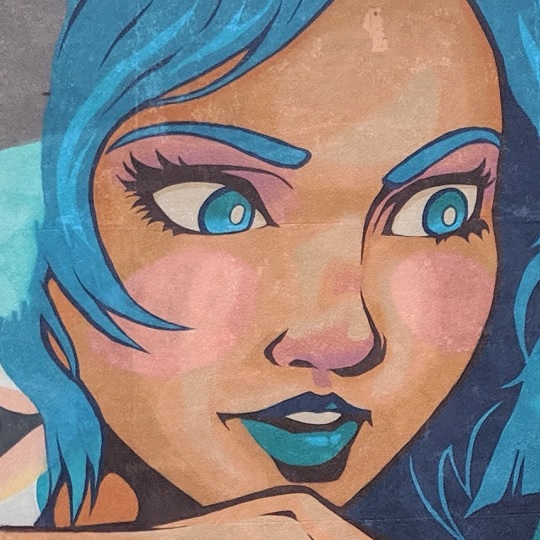 A Rising tide illustration, street art, young woman, face, blue highlights on hair, lips, eyes, eyebrows