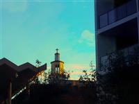 Cream clocktower on turquoise blue sky framed by silhouetted contemporary architecture and foliage 