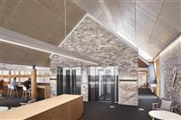 Vaulted interior space with long contemporary light feature streching from left foreground to centre of the image with timber featured study space on the left and corridor leading down on the right centre are stainless steel lifts