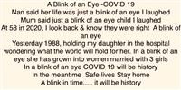 A Blink of the Eye by B. A Blink of an Eye -COVID 19   My Nan said her life was just a blink of an eye. I laughed   My mum also said just a blink of an eye child. Again I laughed  Now at 58, in April 2020, I look back and know they were right. A blink of an eye  Yesterday it was 1988, I was nursing my daughter in the hospital wondering what the world will hold for her.   In a blink of an eye she has grown into women married with 3 girls.  In a blink of an eye COVID 19 will be history. 
