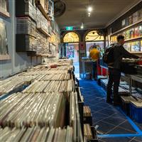 A record store with crates of vinyl LPs stretching along both sides of the store, and a patron browsing on one side
