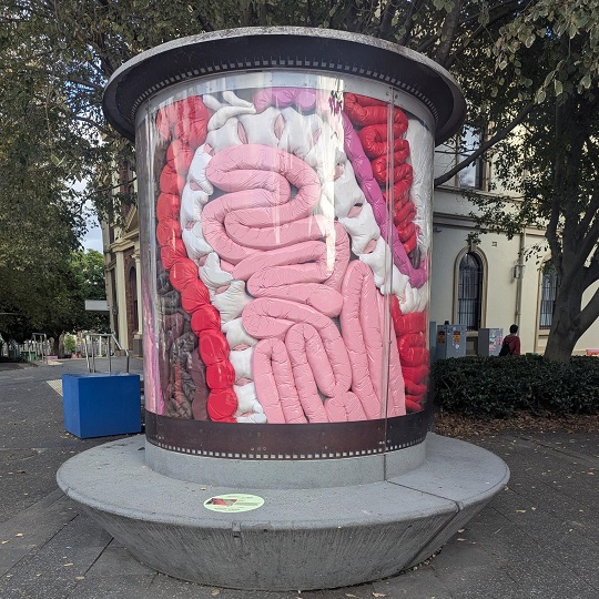 A contemporary textile art piece composed of glossy, padded fabric tubes arranged in intricate, overlapping patterns. The tubes are encased within perspex on a cylindrical structure with concrete seating around the circumference, in an urban town square with trees above.The color palette includes pastel pink, fuchsia, white, and deep burgundy tones, resembling abstract, organic forms. The tubes are tightly coiled and layered, creating a plush, three-dimensional texture.
