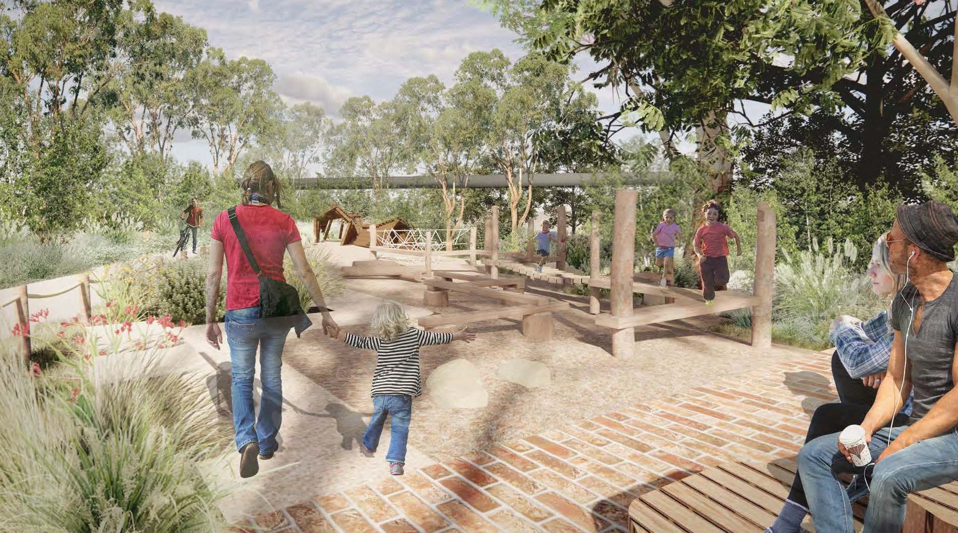 A computer rendering of a playground made from wood, shaded by large trees. People and children walk through the playground. 