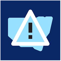 Hazards Near Me app logo: An illustration of the state border shape of New South Wales with a hazard sign (a triangle and exclamation point) superimposed.