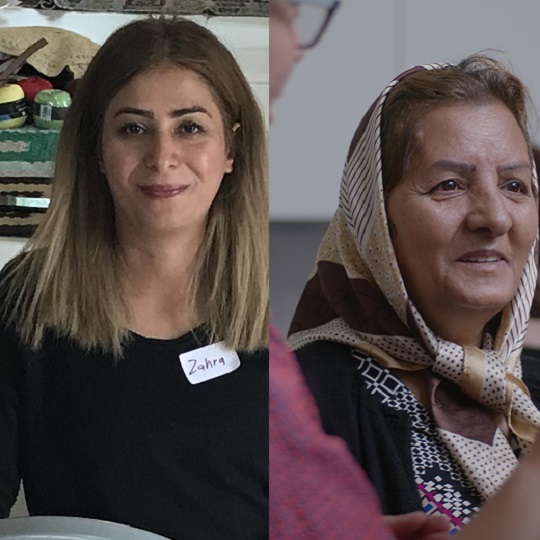 A collage of two photos Zahra on the left and Shokat on the right. Zahra has long blong hair past her shoulders and Shokat wears a scarf tied under her chin, she is in a pink top, both women smile