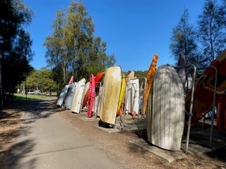 Row of boats at watercraft storage bay