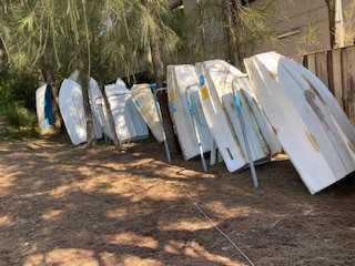 Row of boats at watercraft storage bay