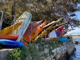 Row of boats at watercraft storage bay