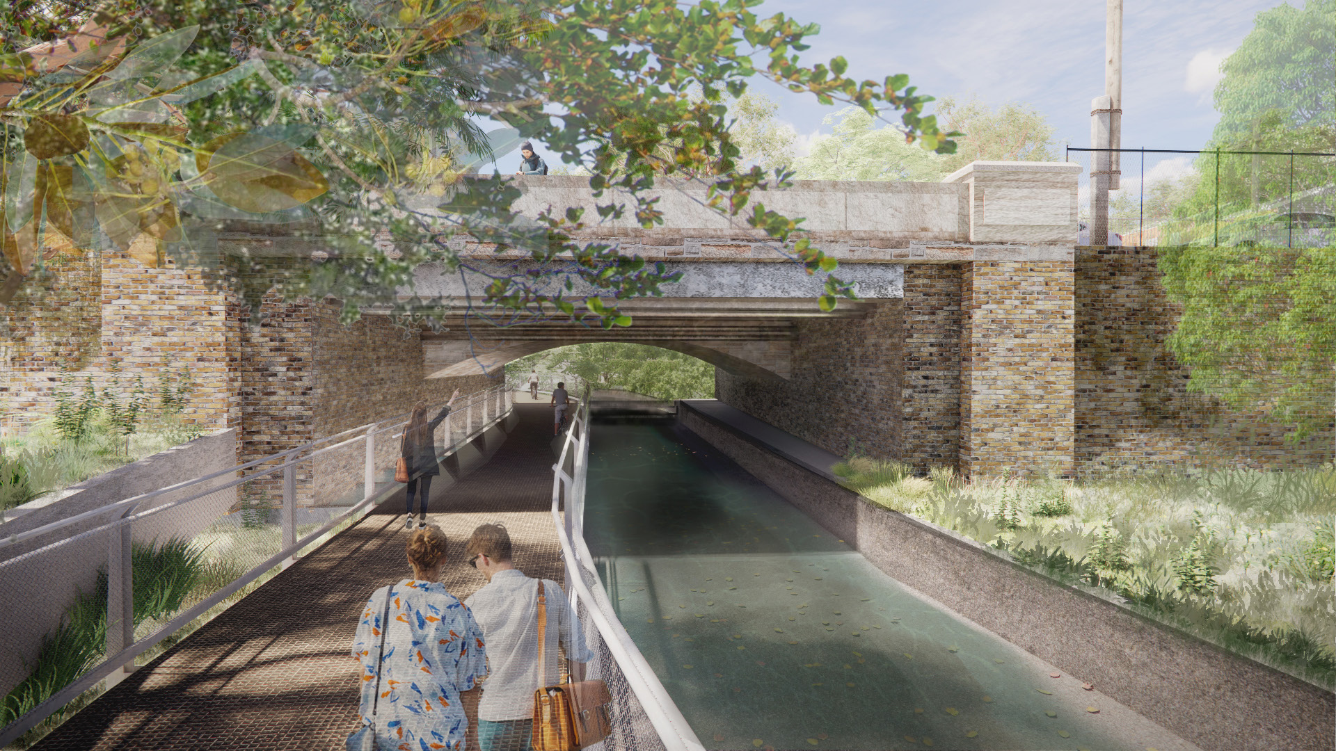 Cantilevered walkway under Parramatta Road and along Hawthorne Canal