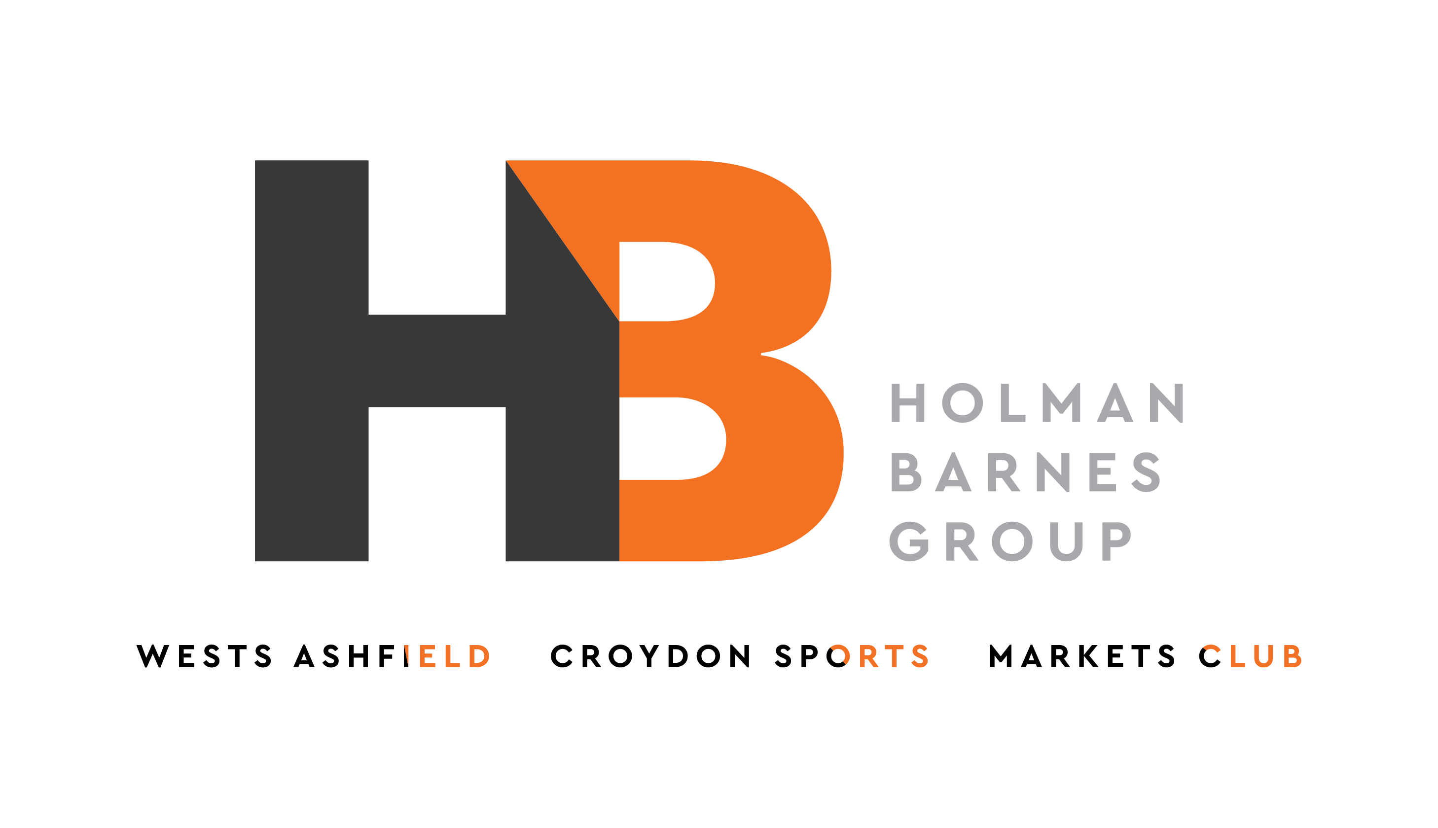 Graphic logo of grey and white text HB Holman Barnes Group Wests Ashfield Croydon Sports Markets Club