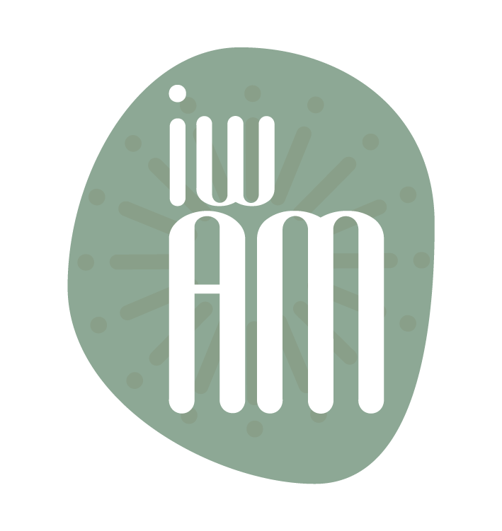 Graphic pale green logo with text IWAM with a subtle floral design